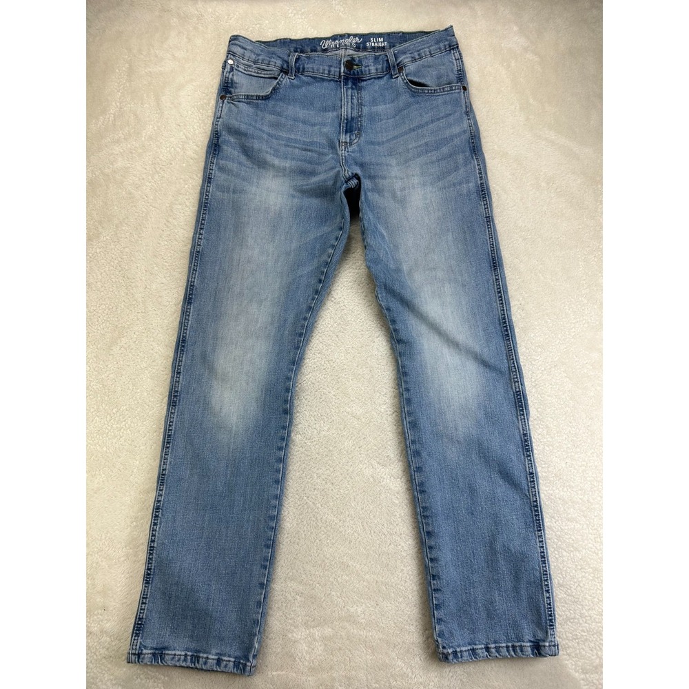 Wrangler Retro Slim Straight Jeans Mens 34x34 Light Blue Denim Western Farm Fade